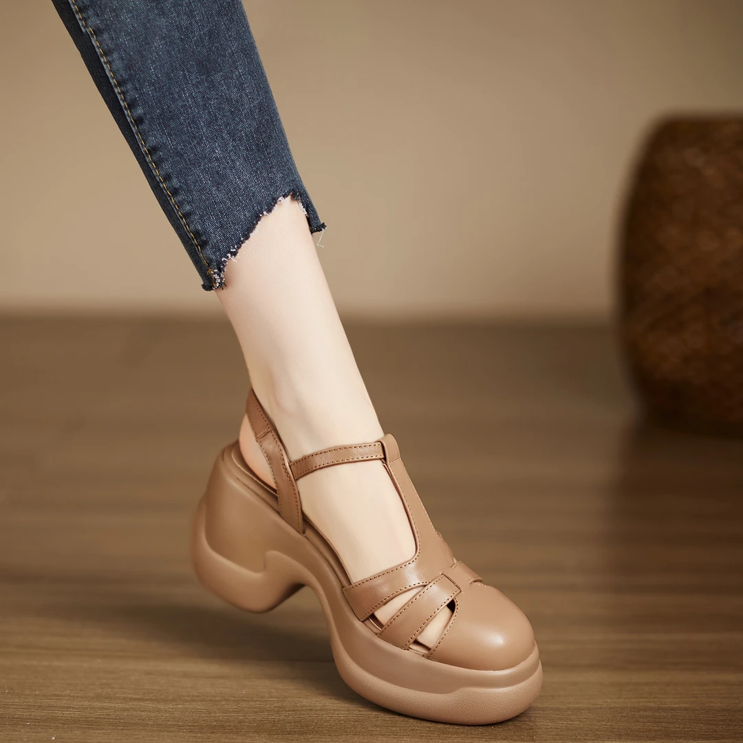 小个子手工女鞋9.5cm~厚底镂空凉鞋女2025新款猪笼鞋百搭包头凉鞋