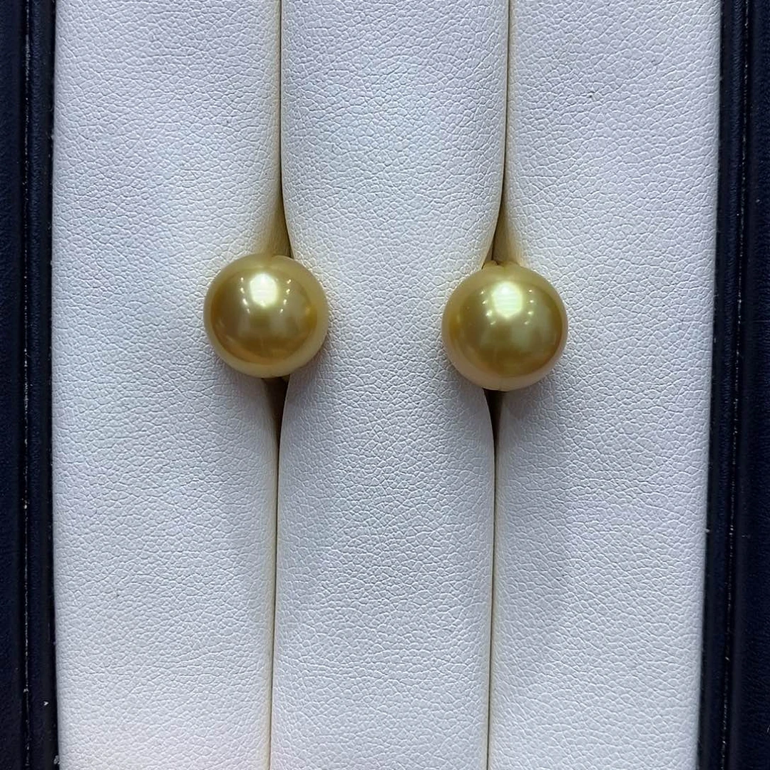 朵***m海水珍珠18K金镶嵌耳饰11到12点位浓茶金珠