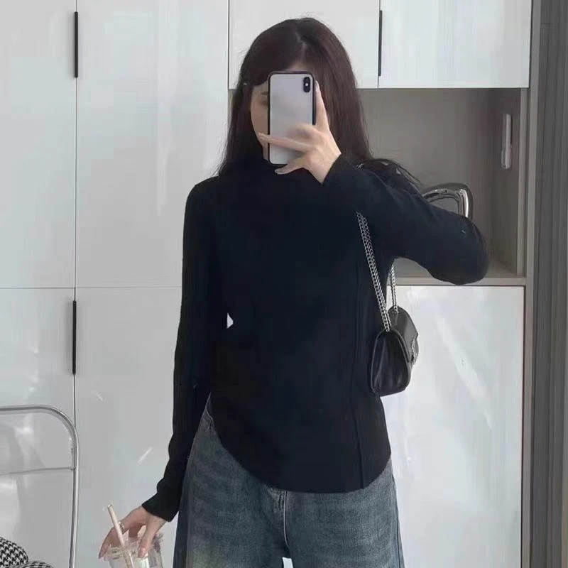 2077  半高领新款套头显瘦长袖纯色打底上衣潮-衣长53