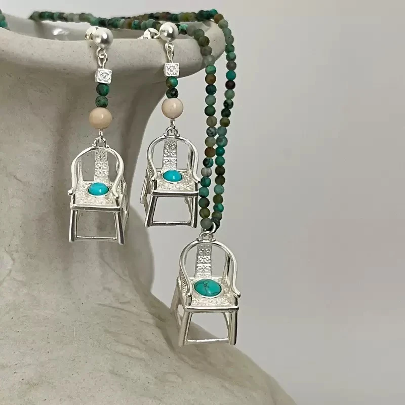 黄铜石英石耳饰 豆豆同款四方椅重工民族风新中式椅子耳环毛衣链