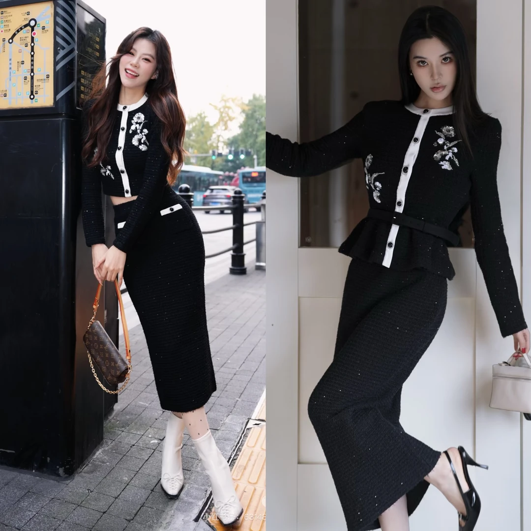 （珊珊家）原原单单秋冬新款经典黑白撞色千金风亮片刺绣针织套装