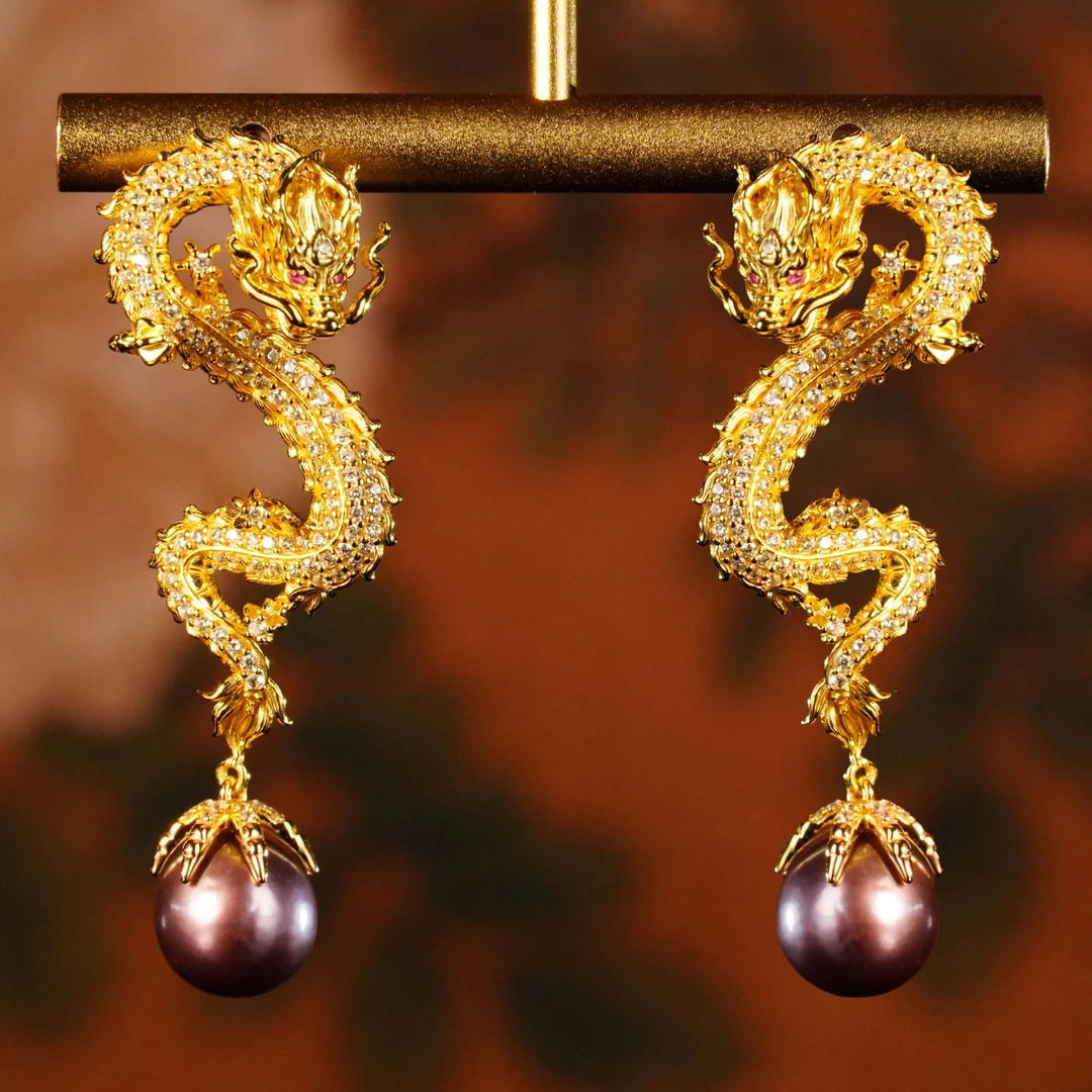 925银耳饰 【紫气东来·龙】气质贵气个性奢华双色鎏金耳饰