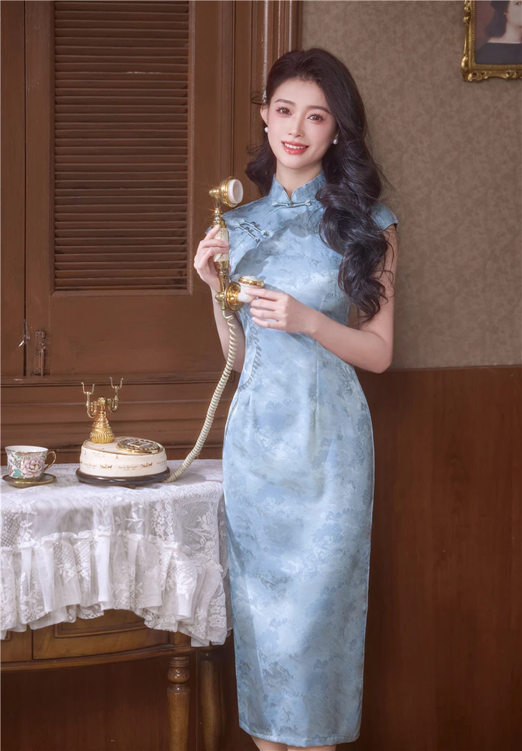 中式显瘦改良旗袍民国风夏季新款2025日常少女蓝色年轻长款连衣裙