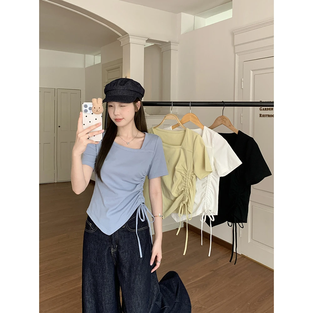 【佳佳】夏装新款胖mm大码设计感欧若风不规则抽绳小众短袖T恤上衣