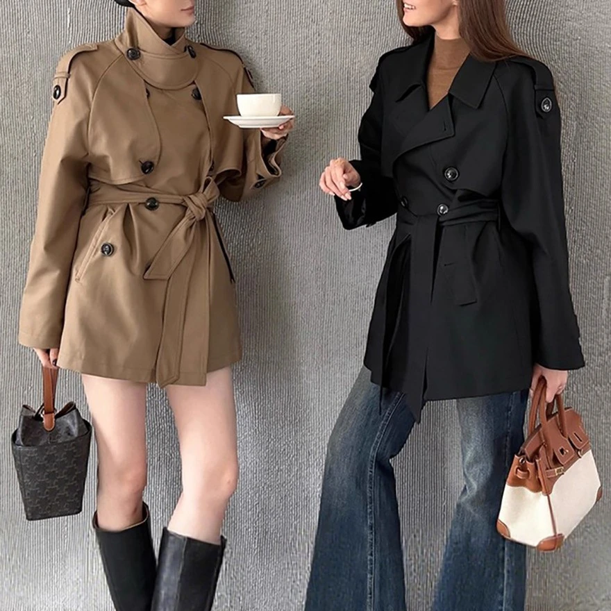 yh【巴黎旧梦2.0】经典廓形翻领收腰短款风衣英伦风气质外套女