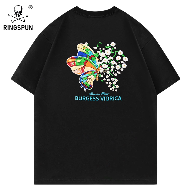 【蝴蝶】夏季新款t恤男轻奢潮牌重磅纯棉半袖情侣装 刺绣短袖体恤衫