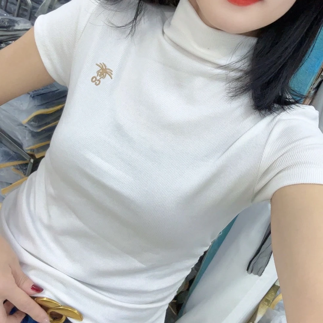 2025春夏季新款刺绣字母短袖t恤半高领正肩修身显瘦气质百搭女潮