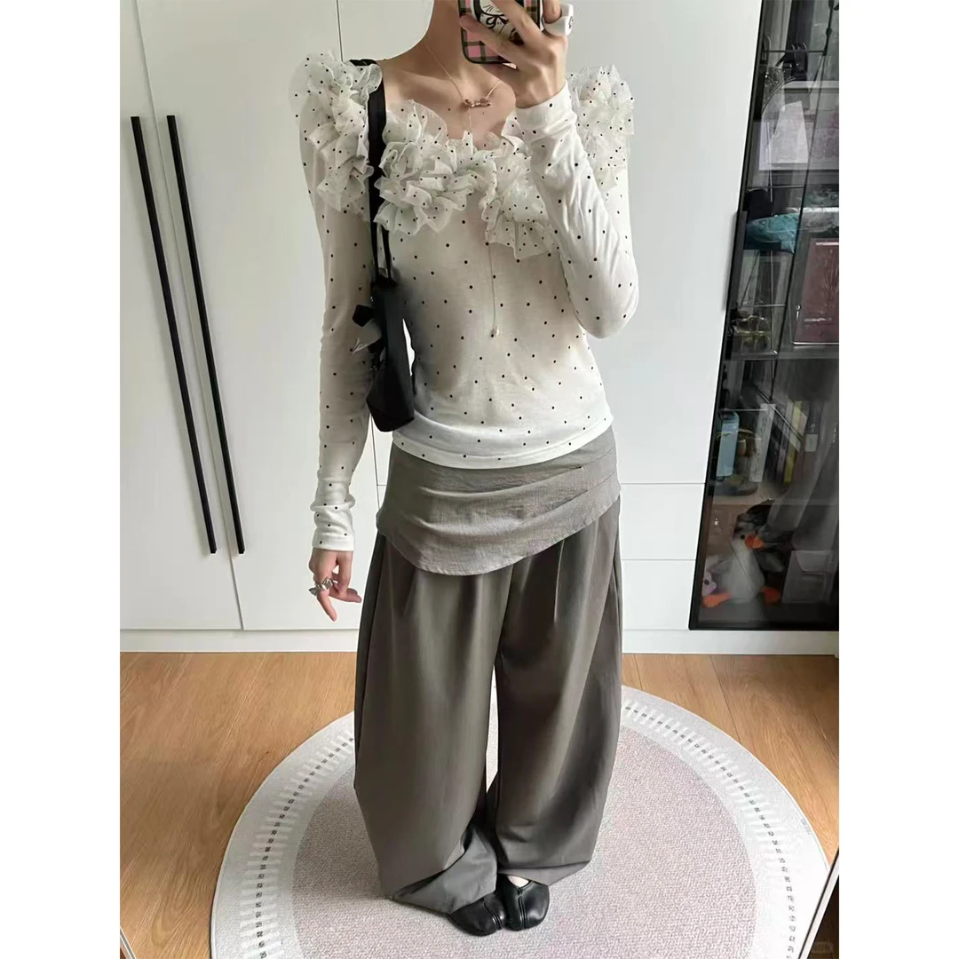 波点别致早秋上衣T恤小衫女弯刀裤打褶挡胯香蕉裤宽松直筒阔腿裤