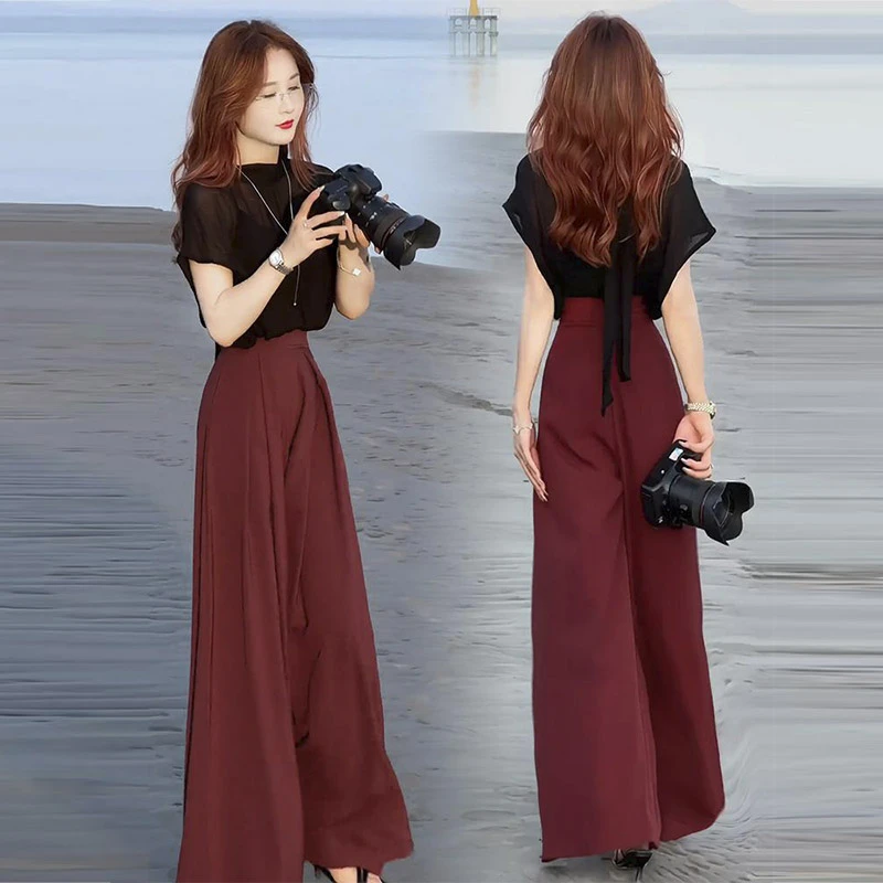 雅韵东方精致高级感套装女2025夏新款海边度假风短袖阔腿裤两件套