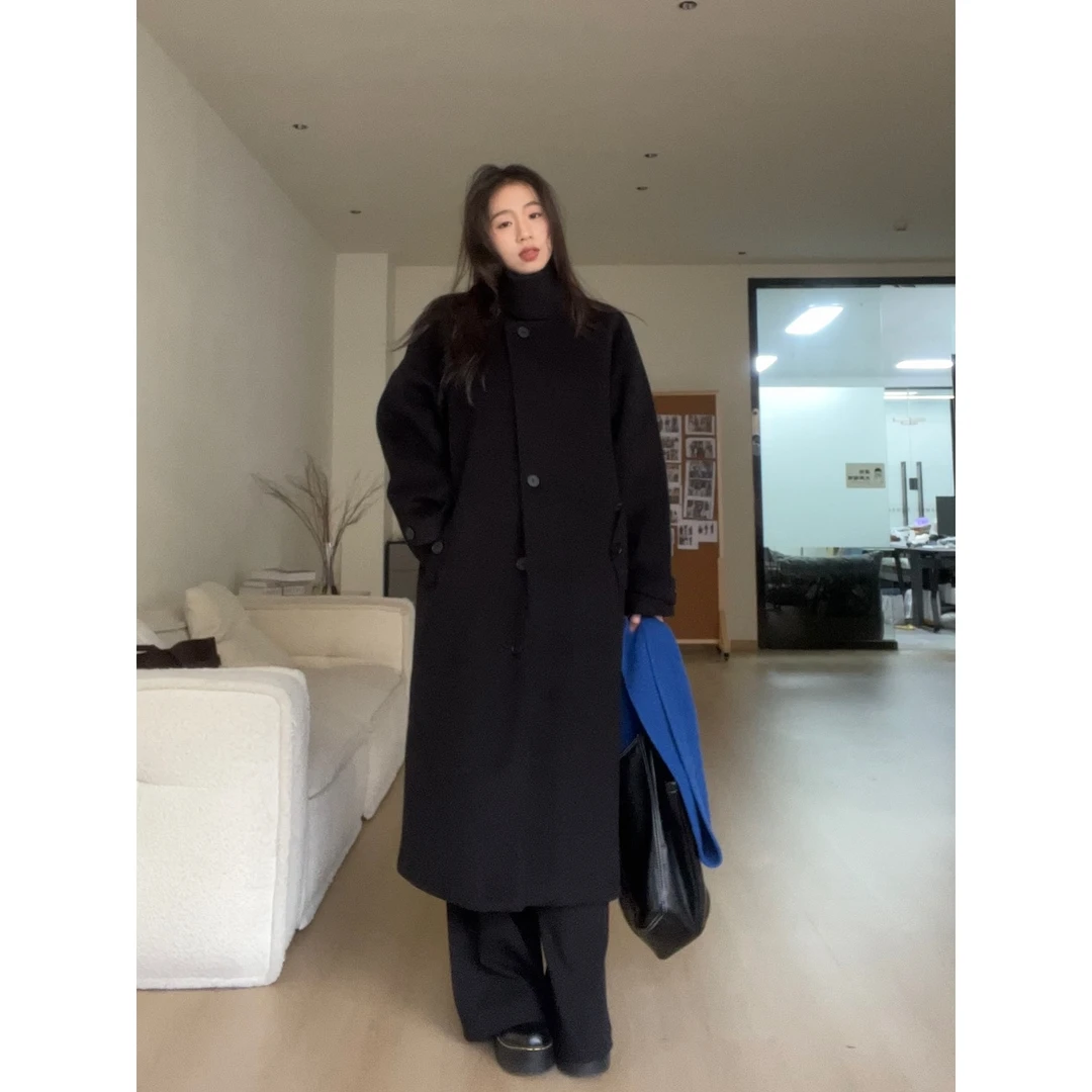 韩系氛围感复古立领毛呢外套女秋冬高级感过膝慵懒感基础经典大衣