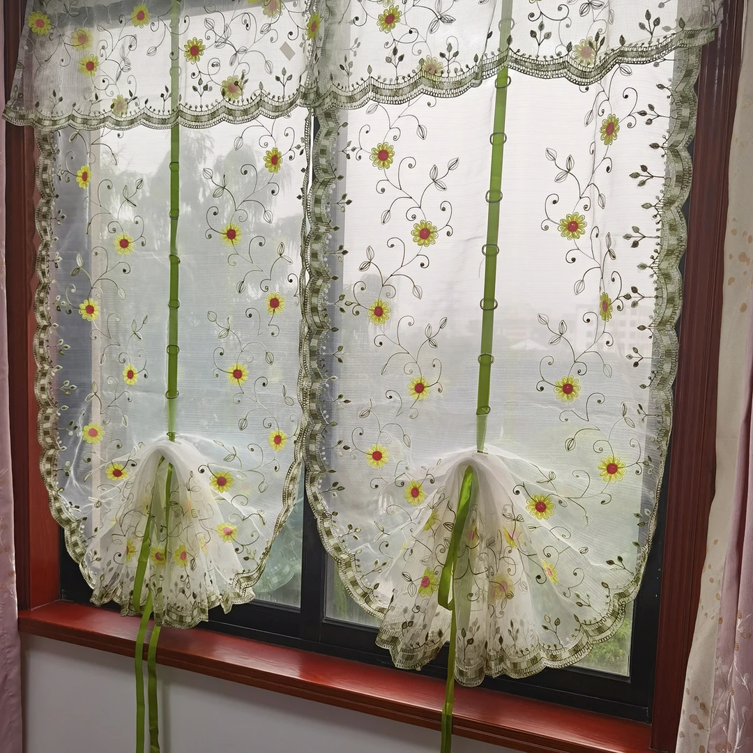 免打孔绣花扇形提拉式卷拉纱帘适用于厨房客厅卧室装饰