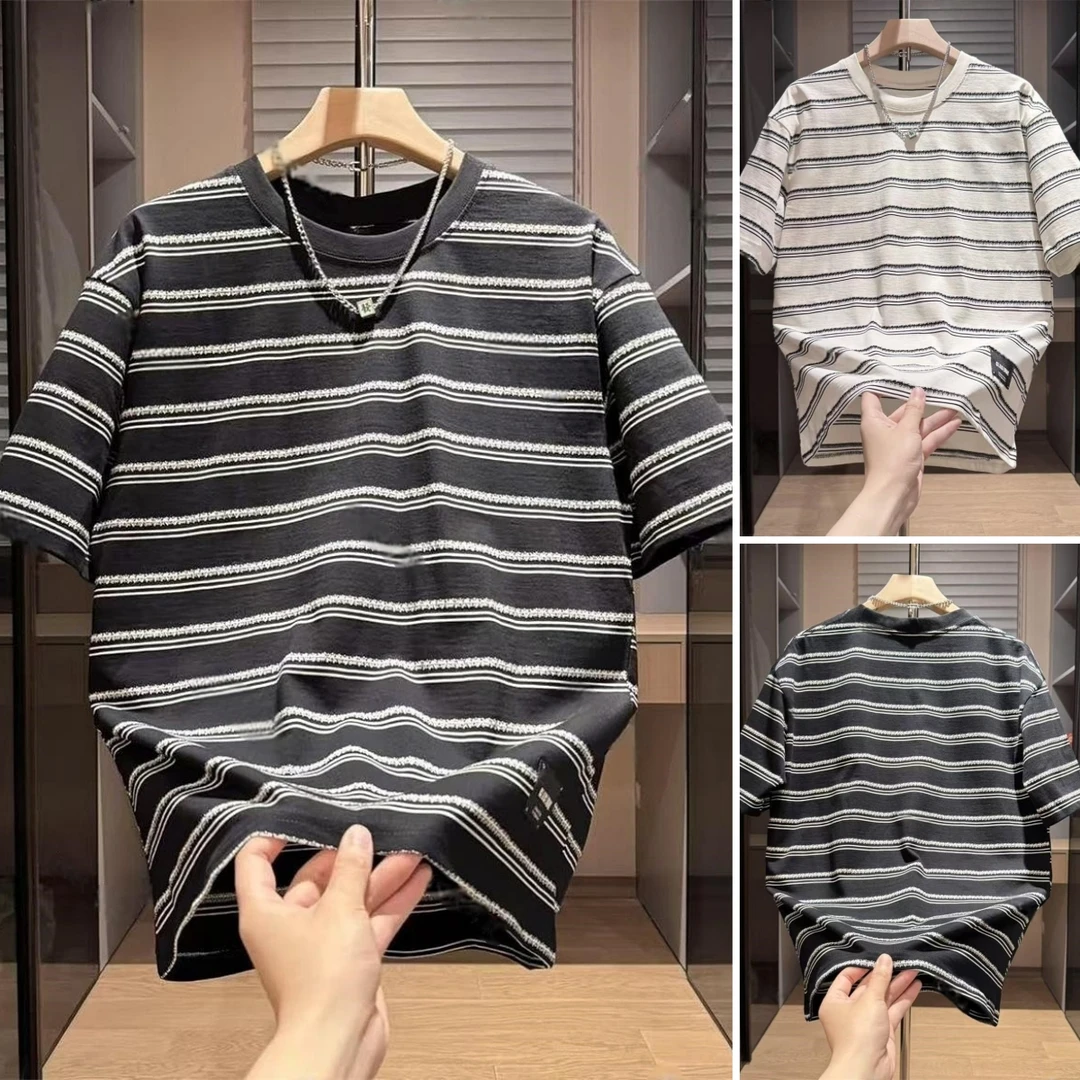 夏季新款条纹拼接撞色痞帅时尚短袖T恤男女简约宽松大码休闲半袖t
