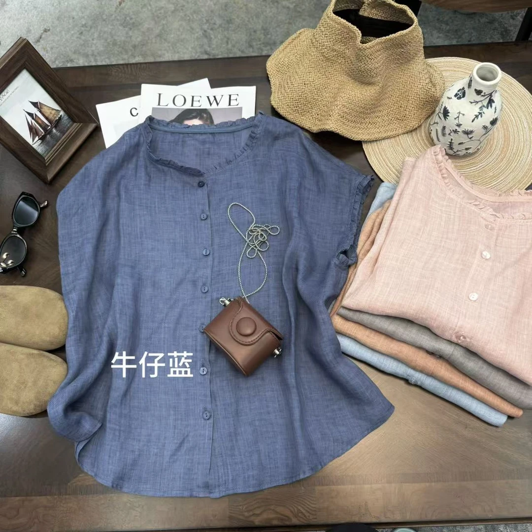 2025夏季新款文艺复古 双色斜纹苎麻 简约时尚 木耳边小飞袖衬衫