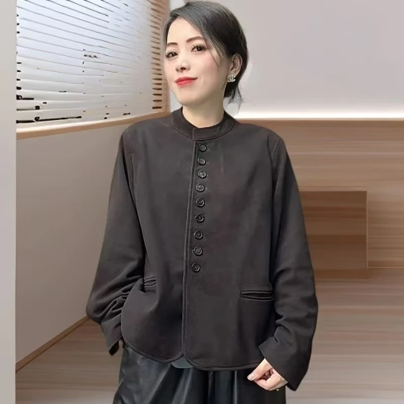 海宁新款进口小羊皮反绒复古老钱时尚绒面皮秋冬女士真皮皮衣外套