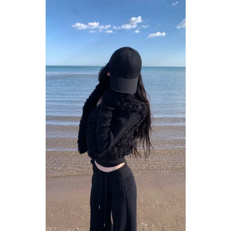 复古设计感假两件拼接立领收腰毛毛外套高腰休闲百搭阔腿裤两件套