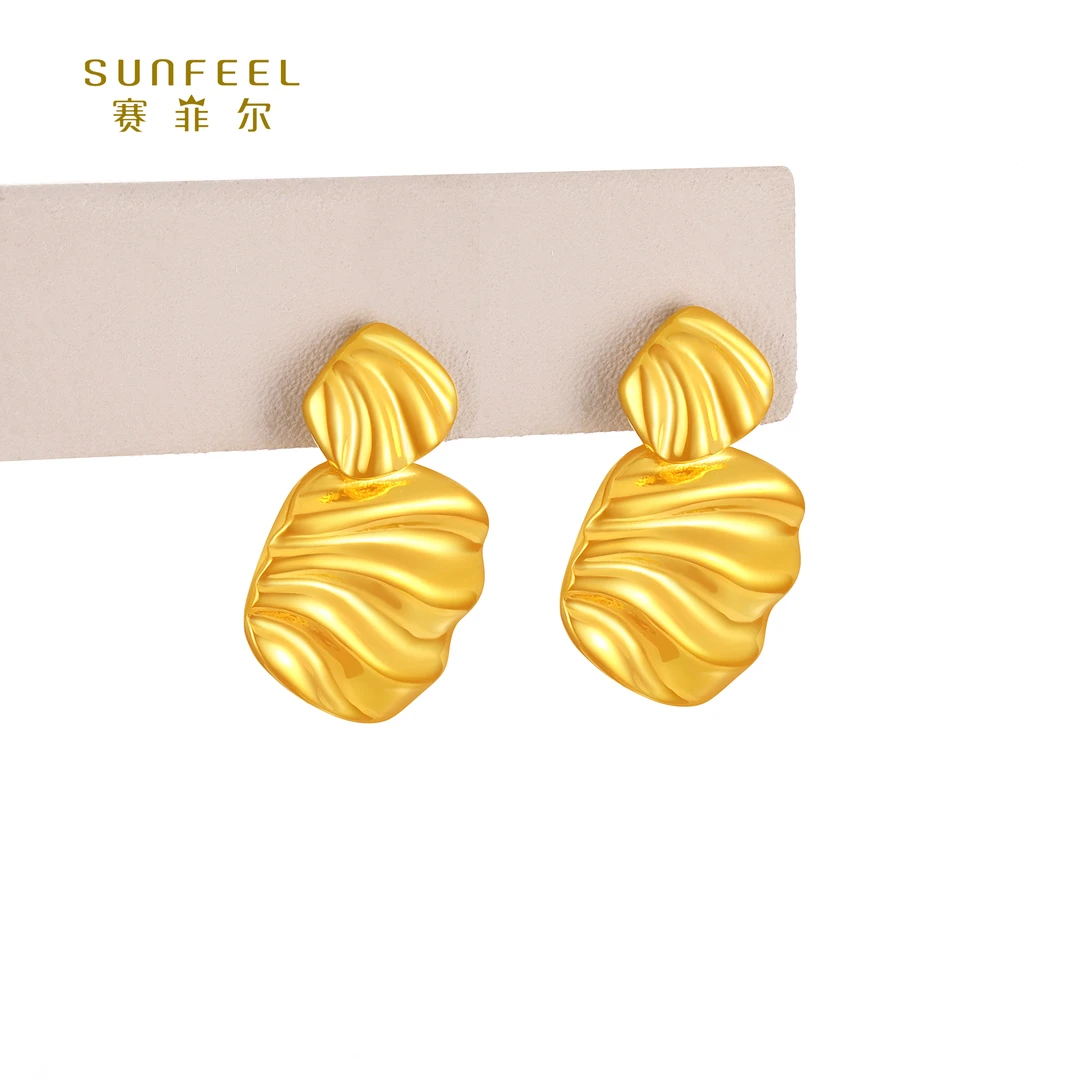 SUNFEEL/赛菲尔【十三店】足金琦光金波纹方形直针耳吊HR34010809
