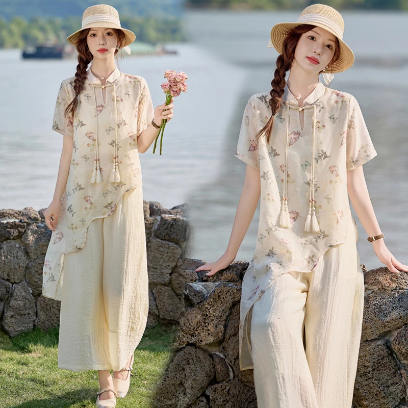 欧若新中式国风套装女夏2025新款不规则蝴蝶印花上衣阔腿裤两件套