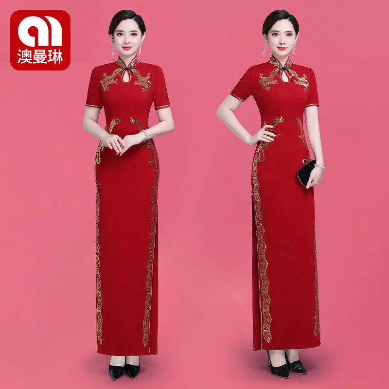 2025新款金丝刺绣旗袍显瘦免熨烫高端优雅走秀气质中国风旗袍修身