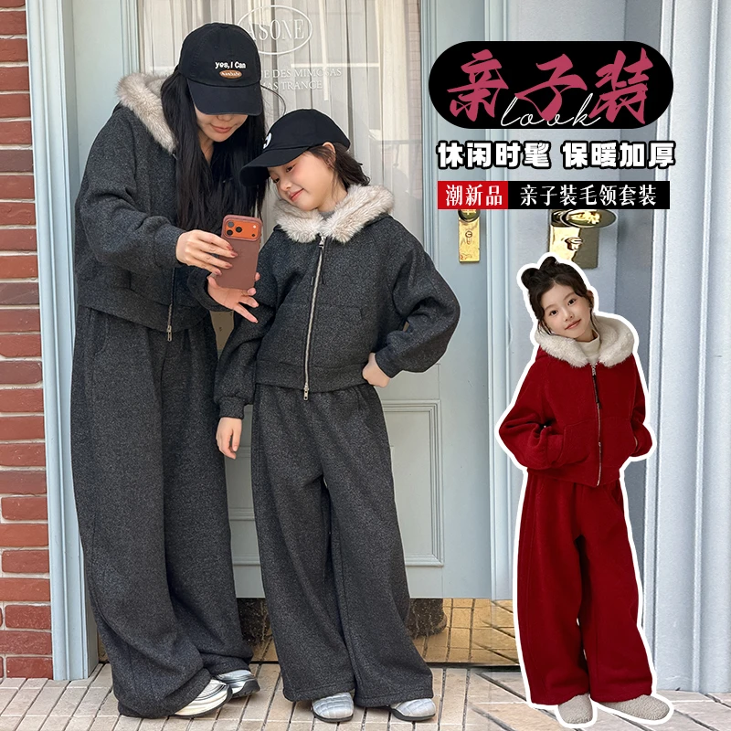 女童韩系加绒大毛领连帽卫衣套装女孩冬季今年流行爆款休闲两件套