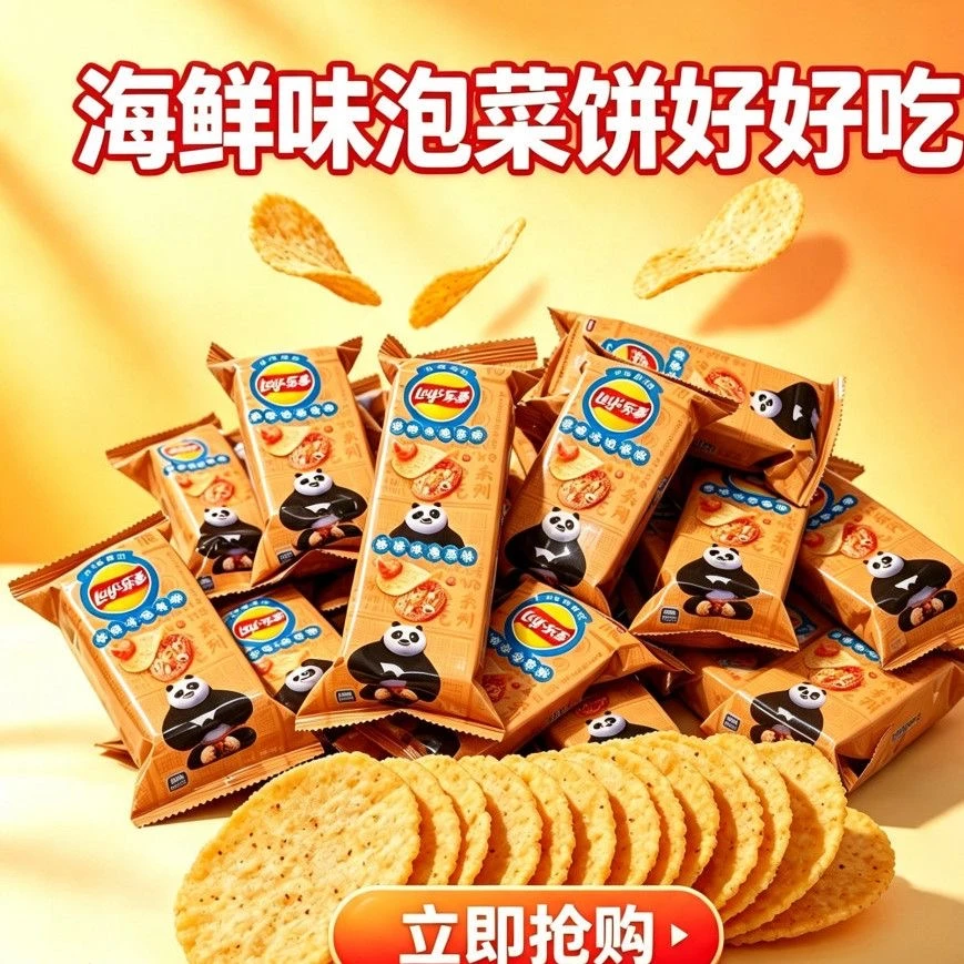 薯片海鲜味泡菜饼功夫熊猫联名款酥脆薄饼干独立包装解馋零食薯片