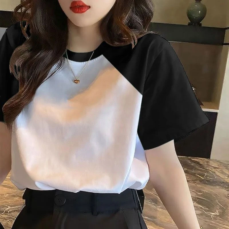 夏季宽松百搭上衣女印花圆领新款时尚设计感拼接棉正肩短袖T恤女