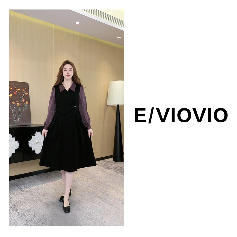 胖大今定制新款百搭气质拼接显瘦修身长袖中长款连衣裙250559