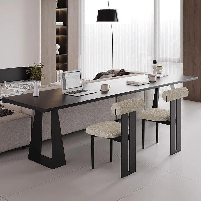 黑色实木书桌家用客厅意式极简横厅沙发后长条桌双人学习桌办公桌