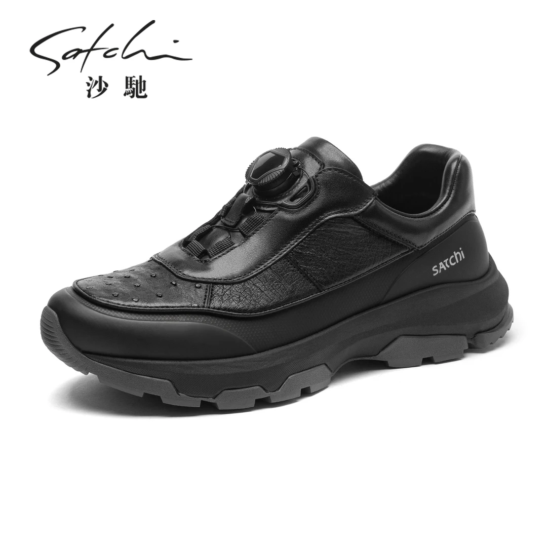 沙驰男鞋2025新款休闲皮鞋鸵鸟皮旋转扣舒适耐磨轻便鞋子百搭时尚