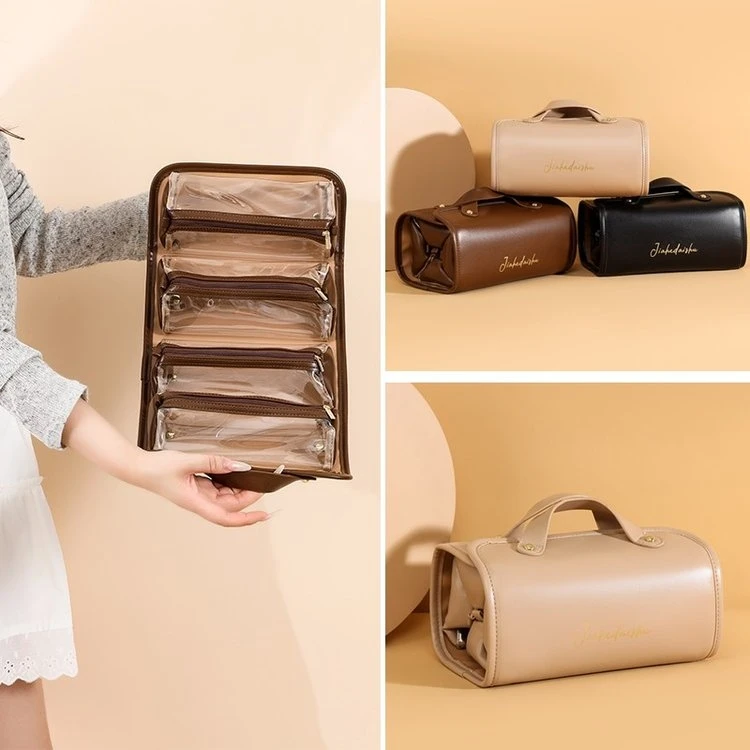 【咖啡慕斯桶】皮质化妆包旅行便携式大容量高端手提化妆收纳分区