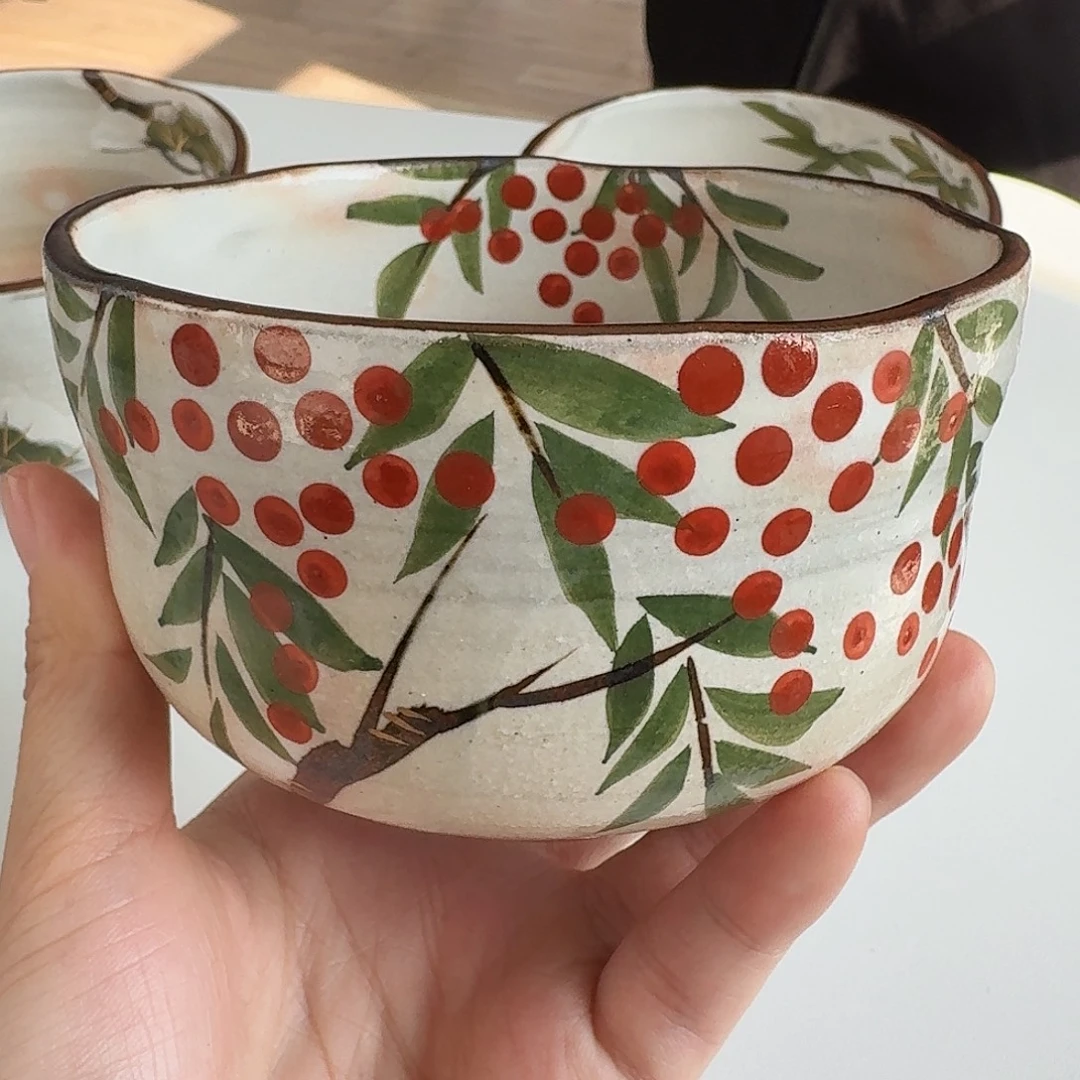 瓷清水烧森俊山南天10.5厘米钵碗容量350ml