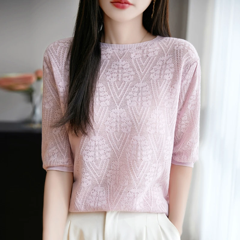 夏季圆领宽松镂空针织衫精纺羊毛百搭时尚短袖高端轻奢薄款半袖女
