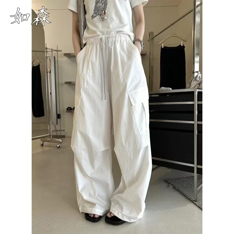 白色速干工装裤女夏季2025新款降落伞兵裤显瘦斜口袋美式阔腿裤