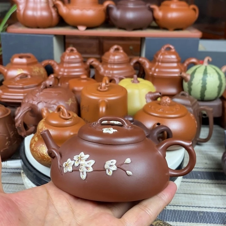 茶壶紫砂半月130CC原矿老紫泥全手工堆花