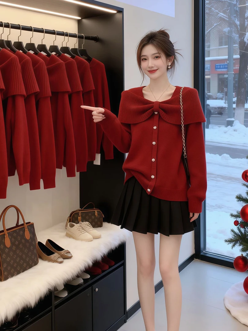 新年喜庆穿搭红色毛衣上衣2026早春新款蝴蝶结方领绝美针织衫女装