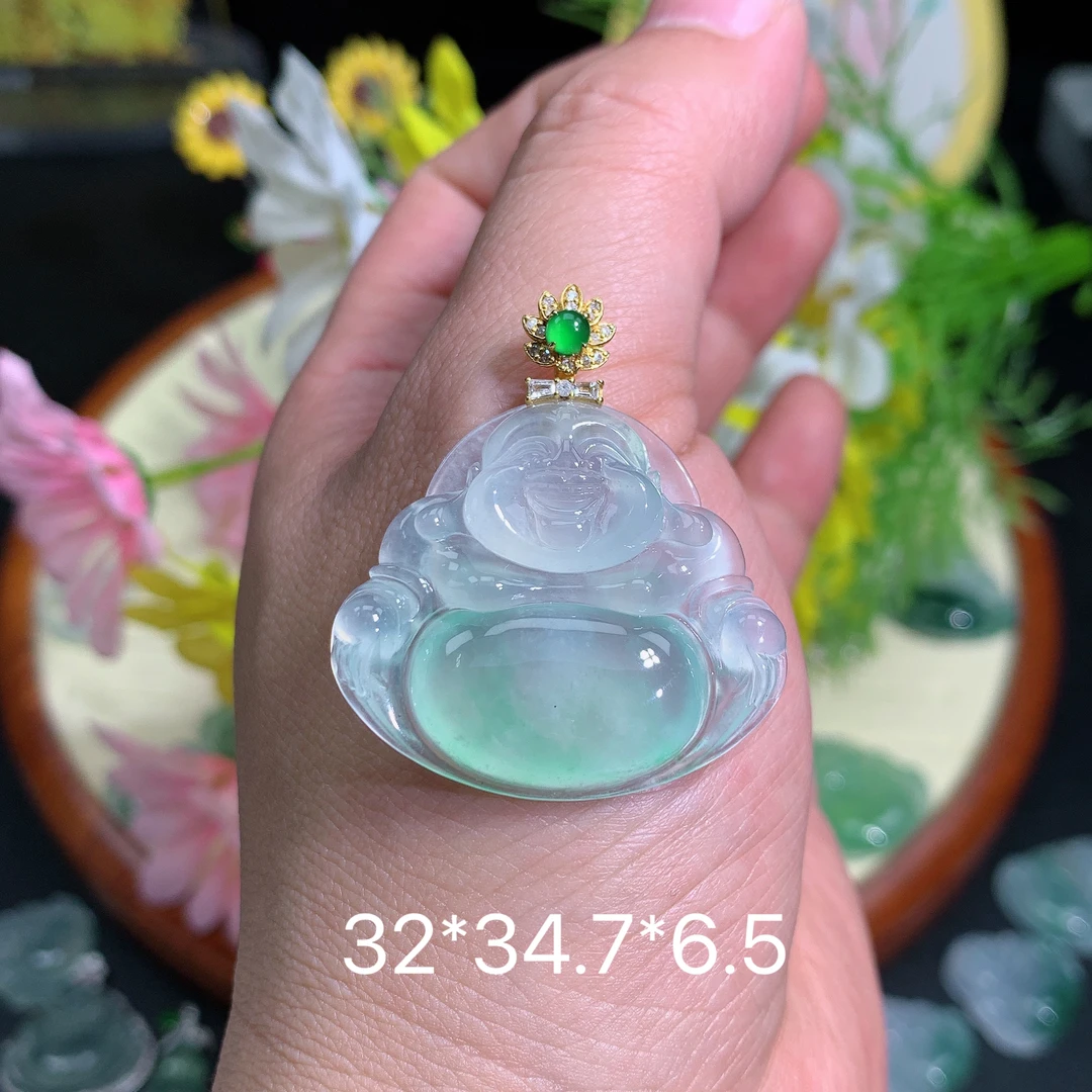 缅甸翡翠A货冰种晴水绿佛公品吊坠挂件水润百搭精致玉冰百搭气妈