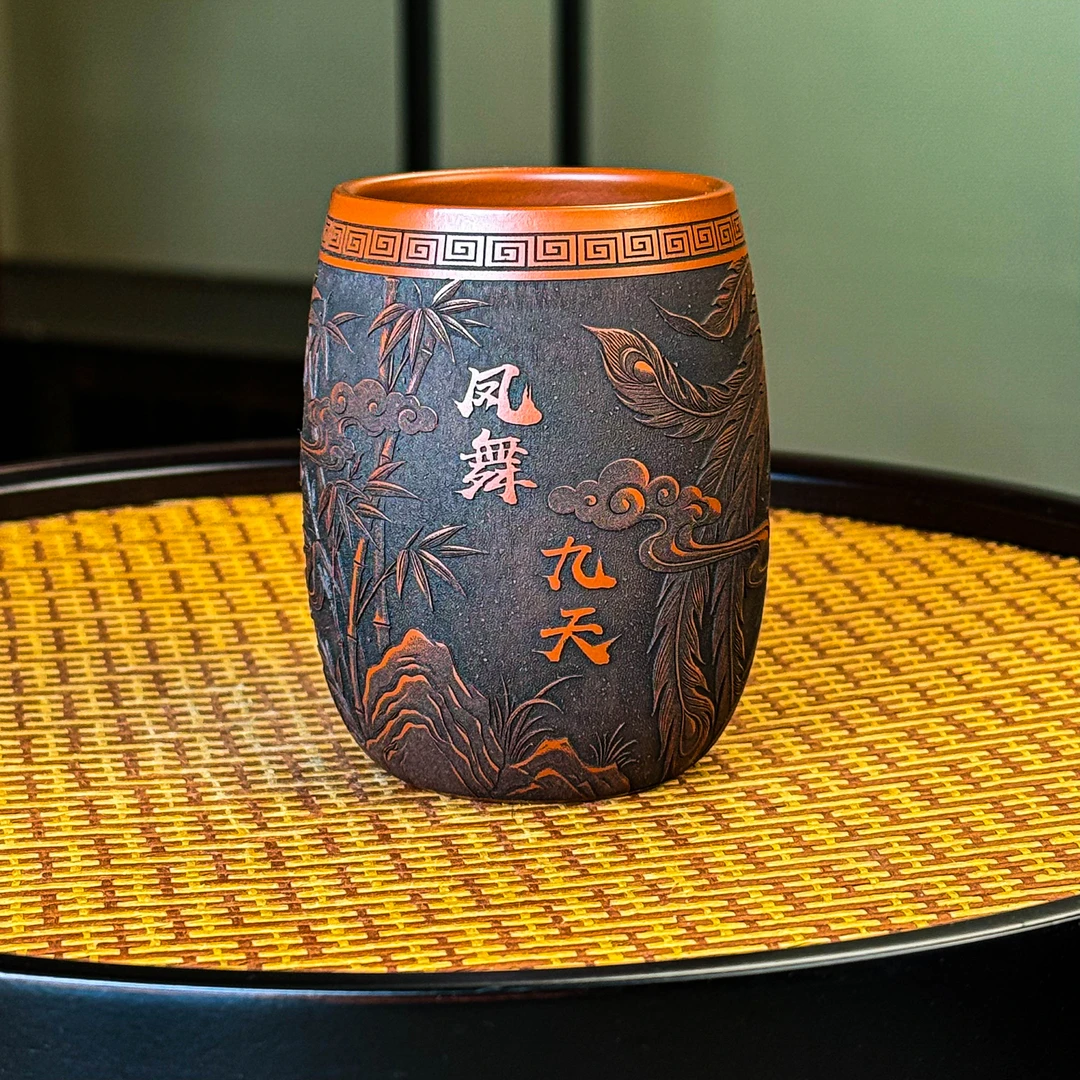 宜兴全手工紫砂茶具 原矿朱泥泥料刻绘凤舞九天主人杯品茗杯茶杯