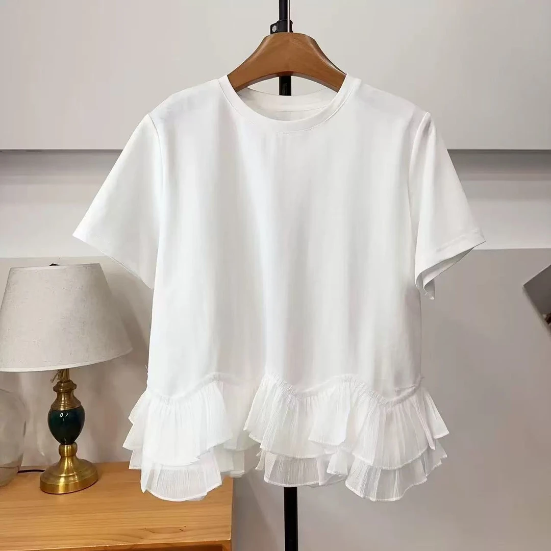 大码胖mm200斤绝美独特荷叶边设计正肩短袖t恤女夏季圆领显瘦上衣