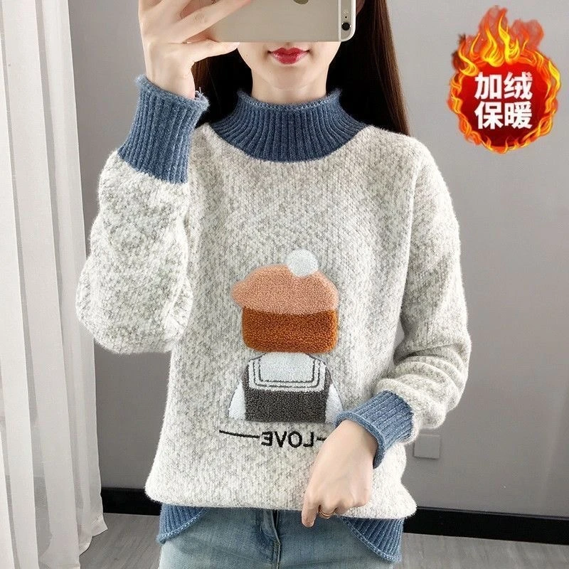 12岁女孩冬装加绒加厚半高领毛衣中大童13岁学生15少女时尚打底衫
