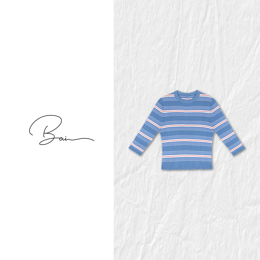 TXB 棉质弹力蓝条纹休闲百搭修身针织上衣XB-7726