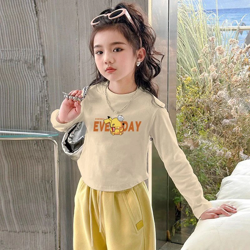 秋冬新纯棉中大童女长袖印花t恤修身弧形时尚设计感ins风打底上衣