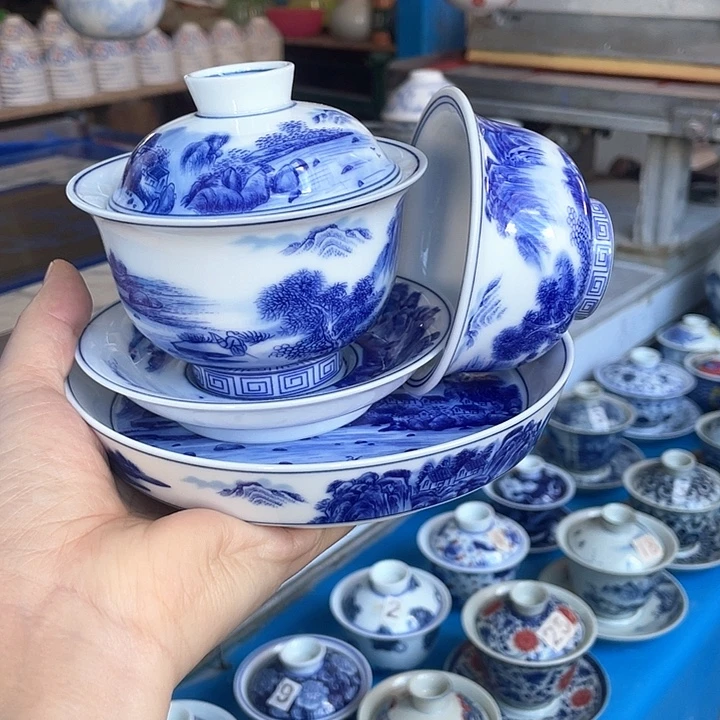 青花釉下彩盖碗杯子壶承