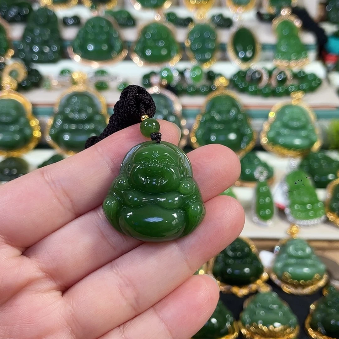 和田玉（碧玉）18K金镶嵌颈饰阳绿佛公30