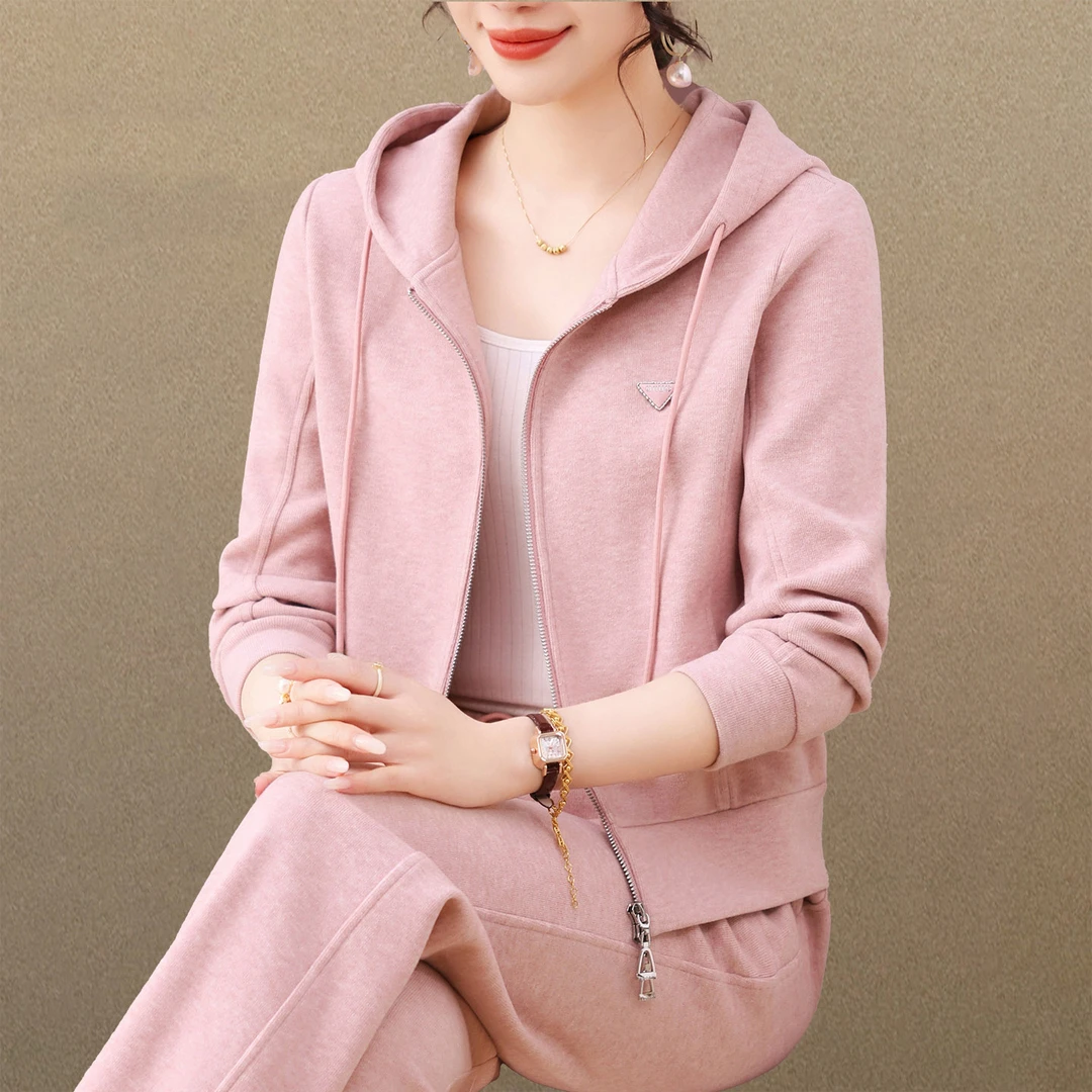 品牌运动套装女春秋季2025年休闲连帽跑步开衫纯色大码宽松两件套