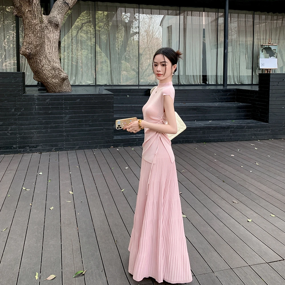 缤菓binguo 全天丝粉色甜美抽褶无袖针织上衣A字半身裙两件套装女