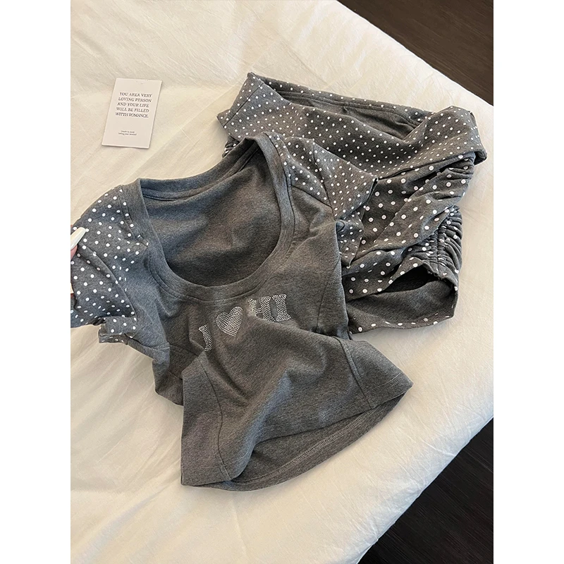 韩系甜美波点烫钻字母波点睡衣女夏季新款短袖短裤可外穿家居套装