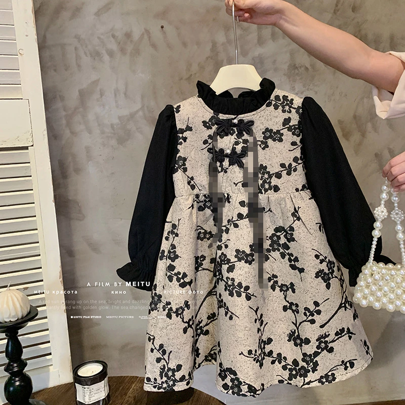 【本妈】秋冬“山风晚晚”女童国风加绒盘扣印花拼接连衣裙2391