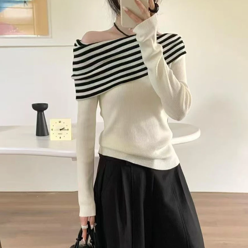 针织衫2025早秋款设计感一字肩甜美纯欲风条纹拼色长袖上衣女