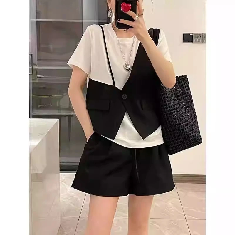 女装2025新款夏季套装法式拼接假两件短袖T恤高腰显瘦短裤两件套