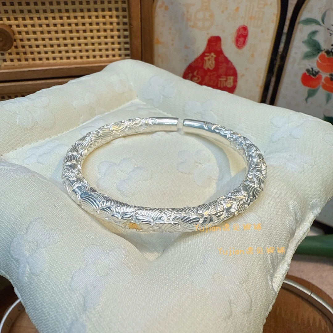 足银手镯 【遇见木槿】足银999.9/圆棍实心立体錾刻/百搭经典开口镯