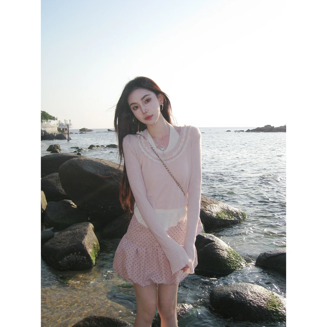 赵小小【恋爱告急】甜美温柔风花边拼接挂脖假两件针织衫上衣6318